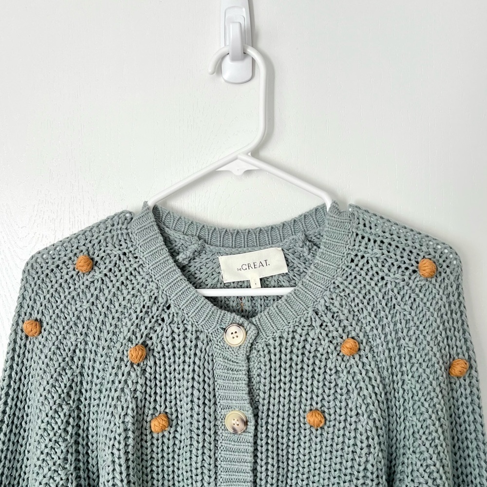 THE GREAT. The Bobble Sophomore Knit Cardigan in Dusty Blue/Honey Sz S - Picture 5 of 7
